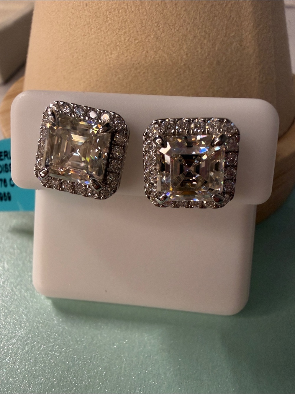 6.76 CTW Sterling Silver square halo stud Moissanite earrings MSRP $959